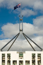 The imposiing structure of the flag pole atop Australia's Parliament House